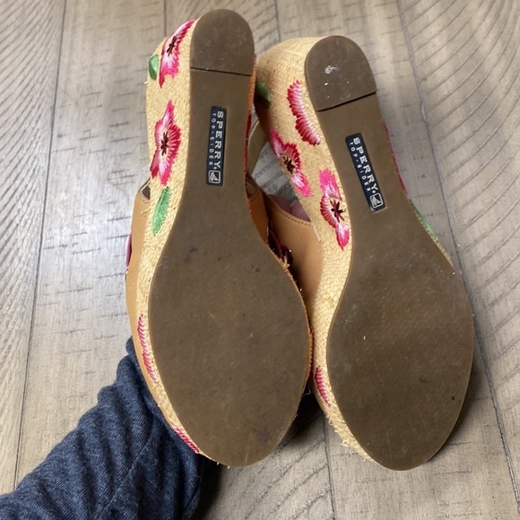 Sperry Floral Embroidered Wedge Sandals Tan Pink Nautical Espadrille 7.5 - Picture 8 of 9